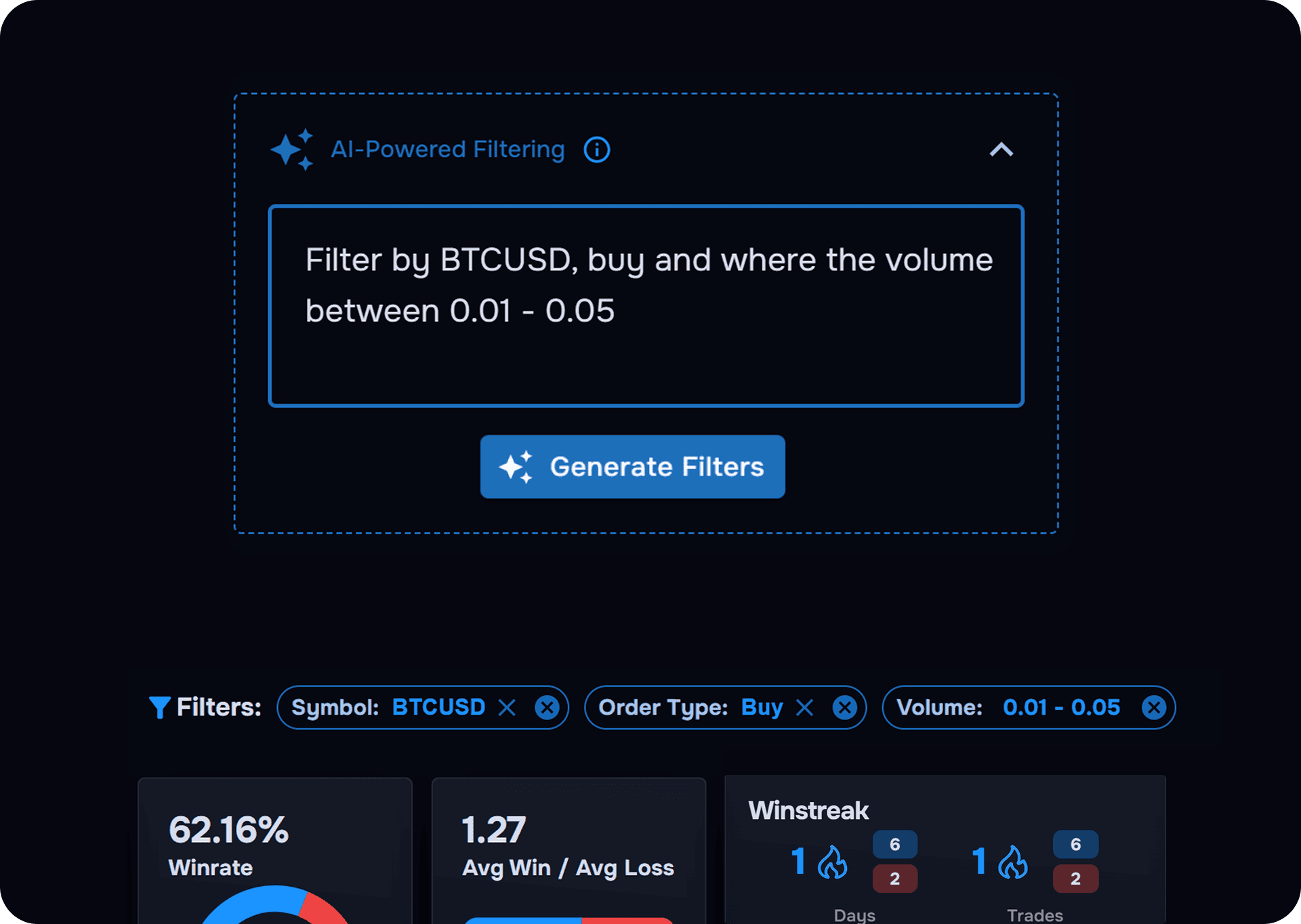 AI-powered performance filtering interface