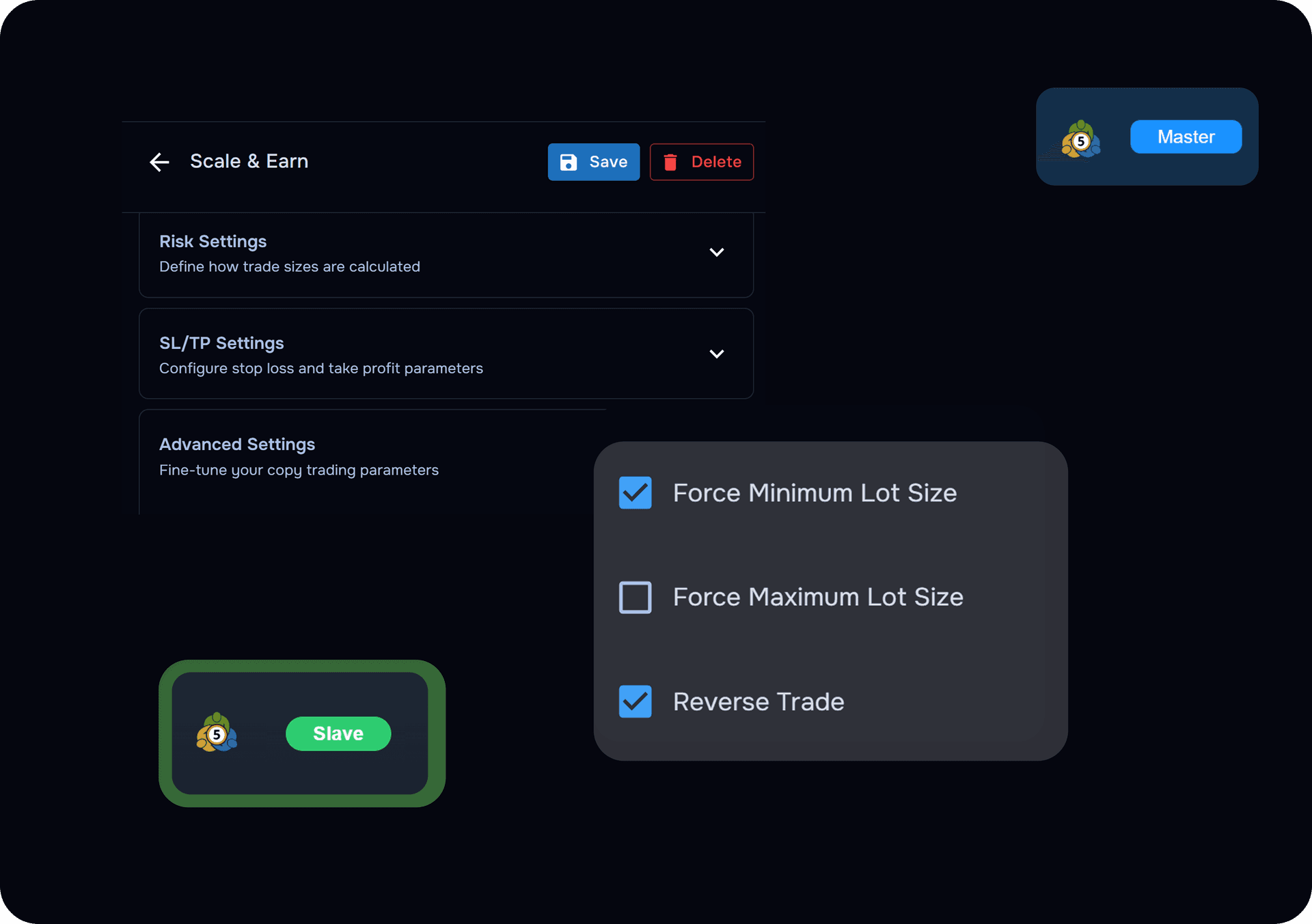 Scale & Earn copy trading settings with Risk, SL/TP, and Advanced settings