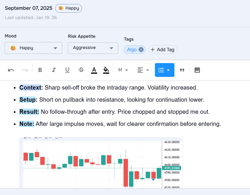Rich trade notes with tags