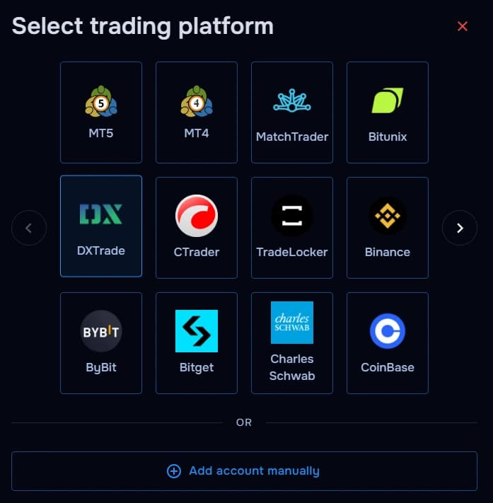 TraderWaves DXTrade platform selection screen